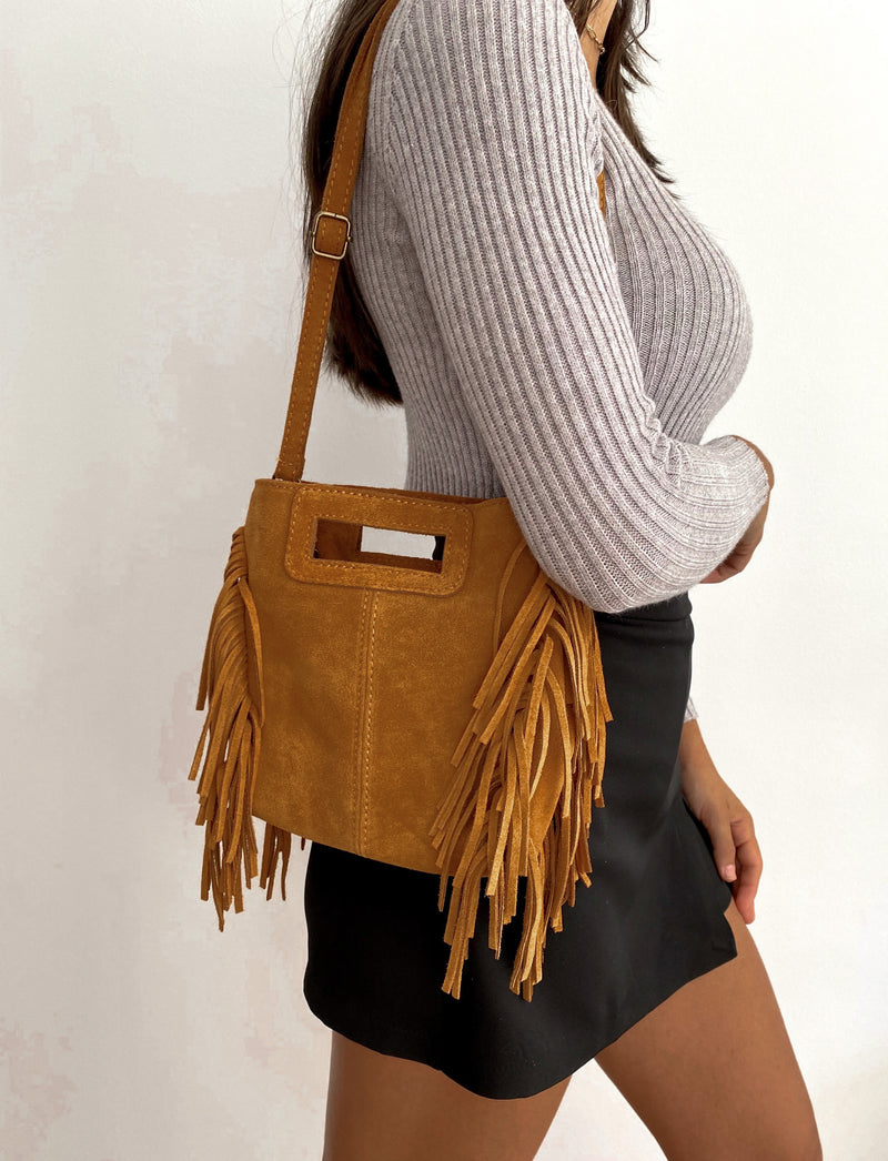 Camel fringed leather bag