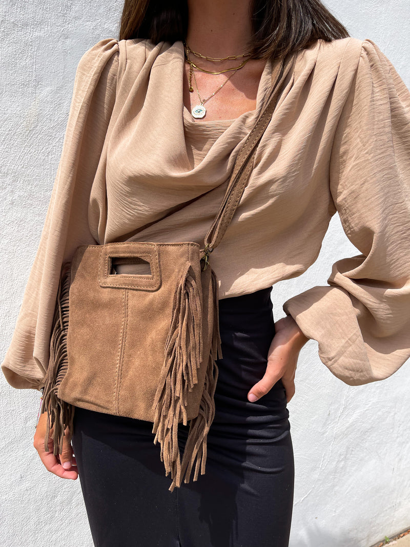 Chocolate fringed leather bag