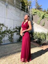 Burgundy V-neck tulle dress