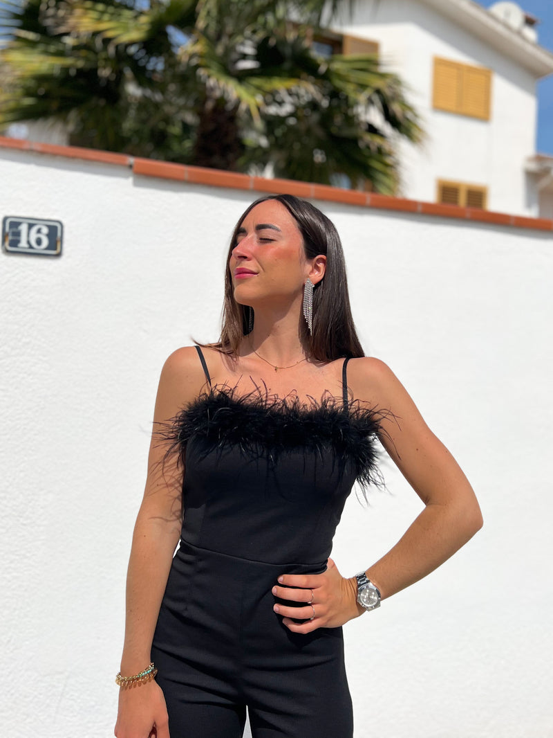 Long black feather jumpsuit