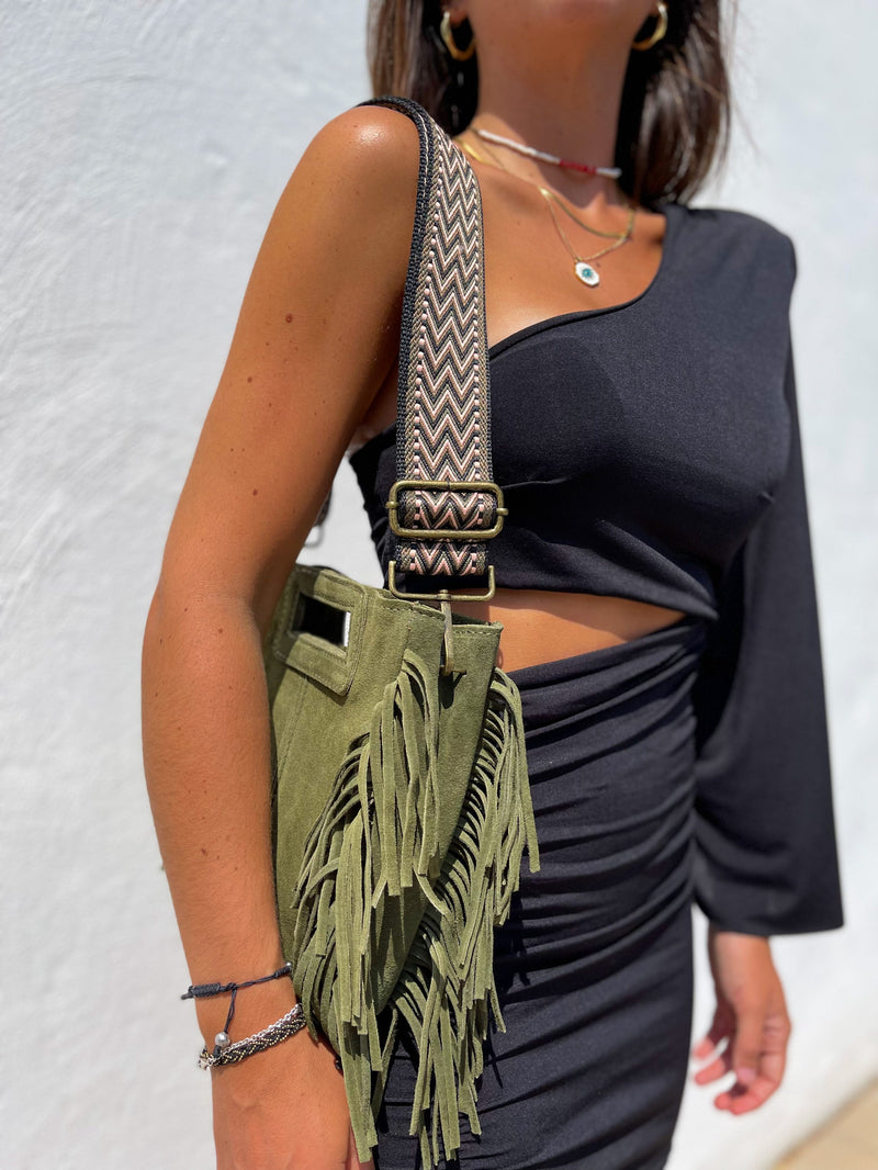 Khaki fringed leather bag