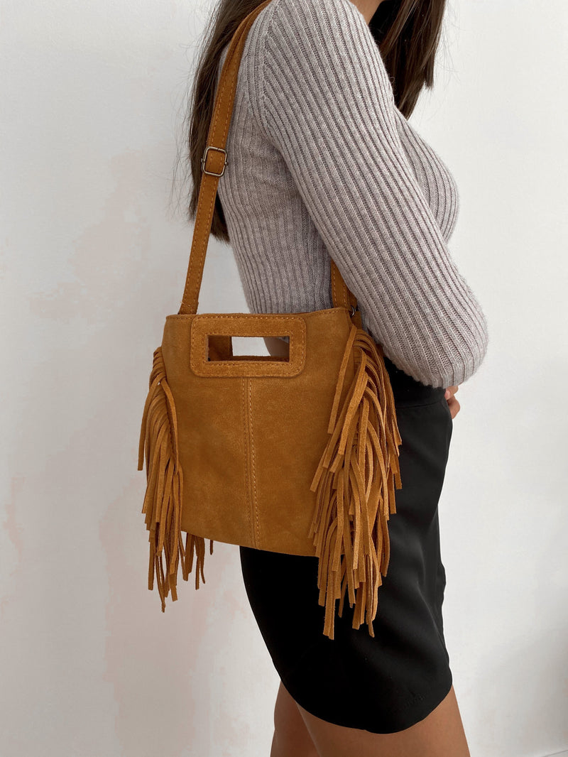 Camel fringed leather bag