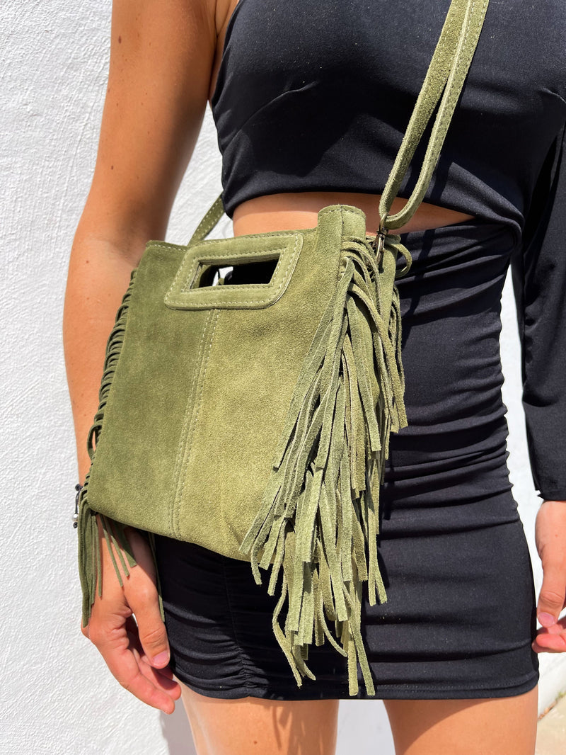 Khaki fringed leather bag