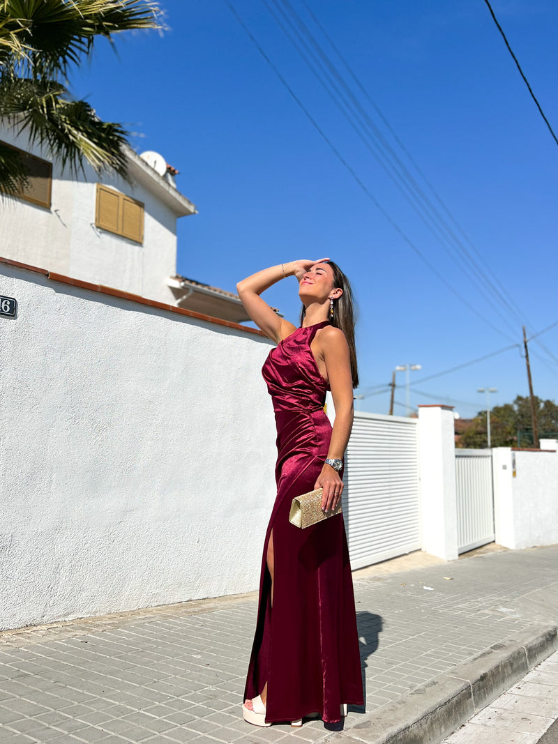 Long burgundy draped halter dress