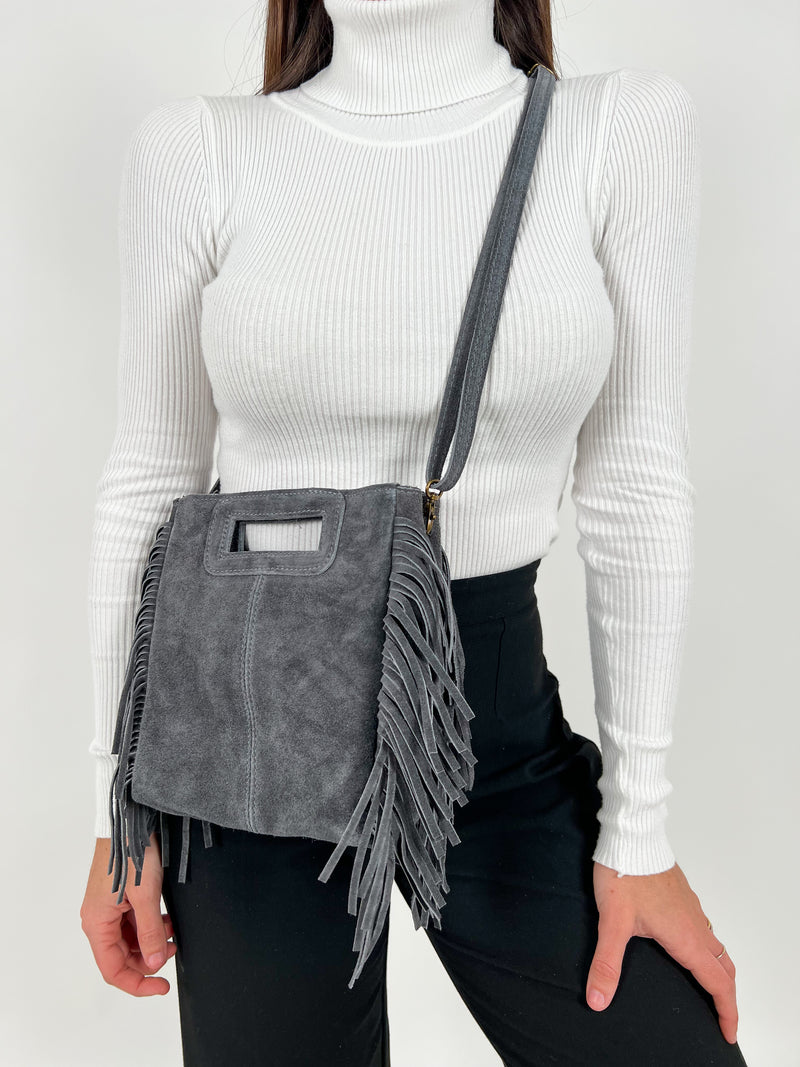 Gray fringed leather bag