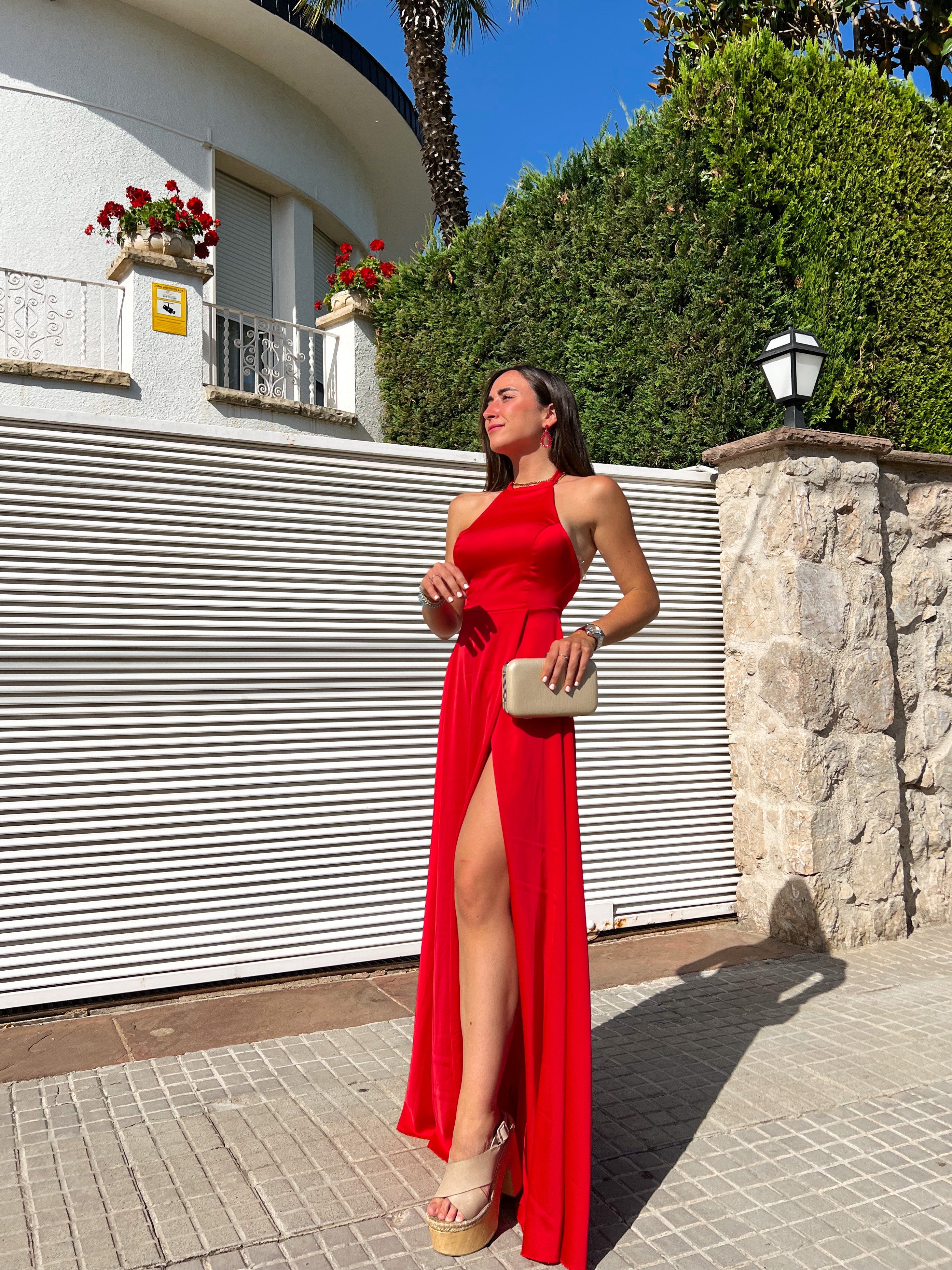 Red satin halter dress