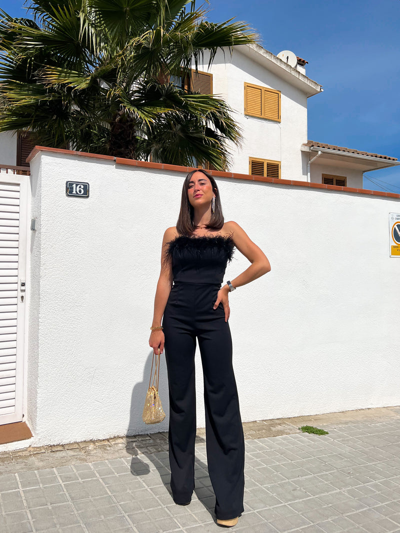 Long black feather jumpsuit