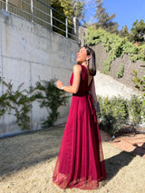 Burgundy V-neck tulle dress