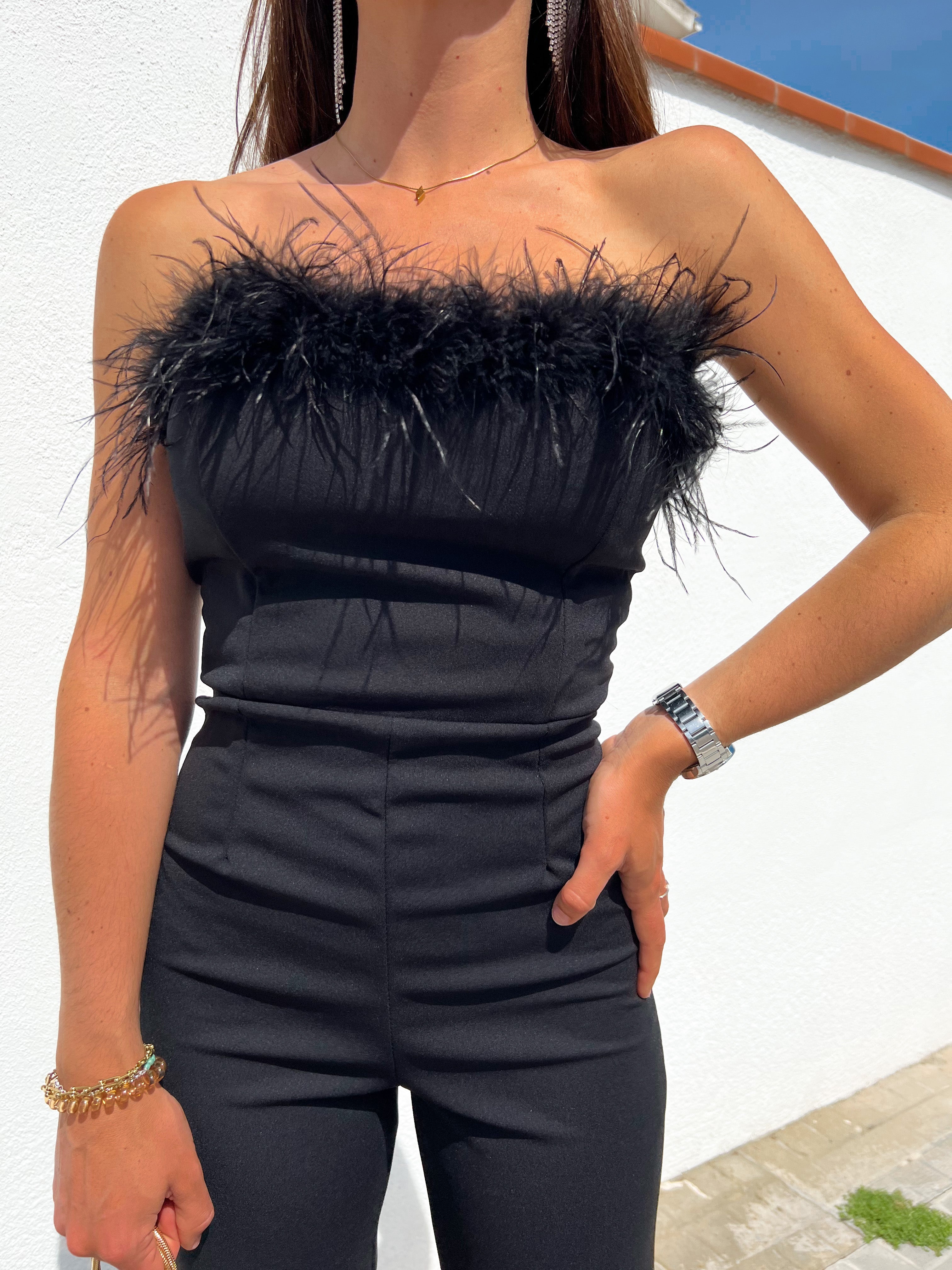 Long black feather jumpsuit