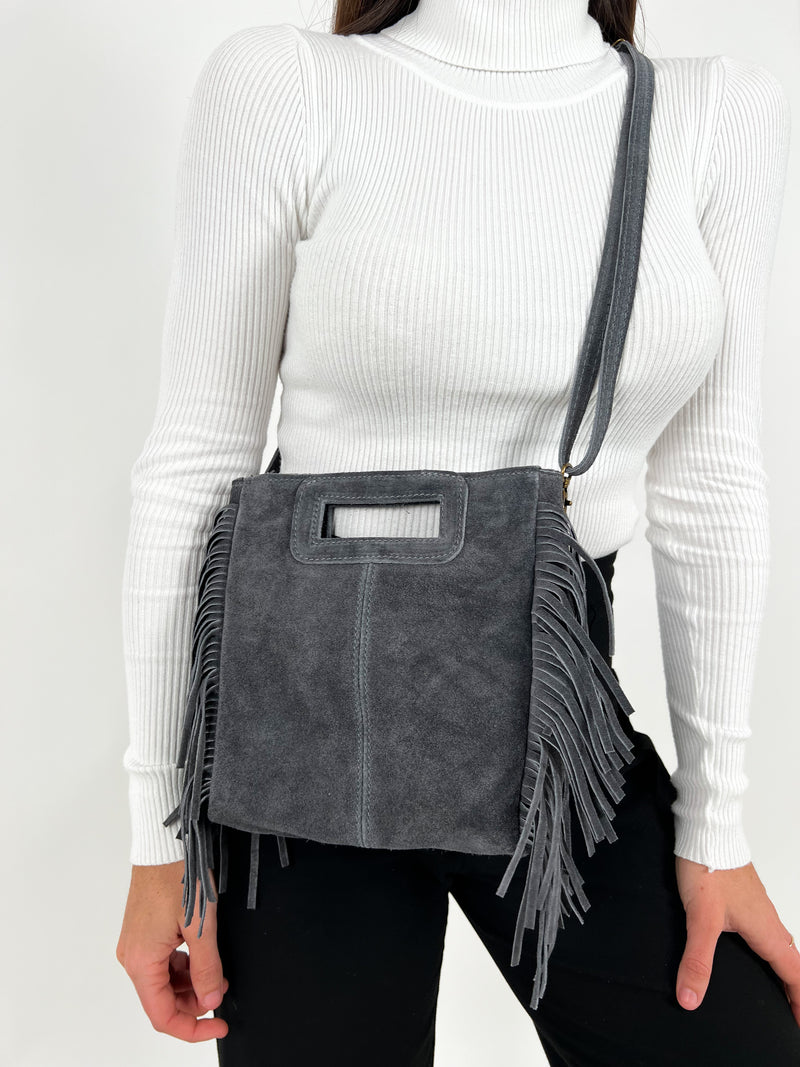 Gray fringed leather bag