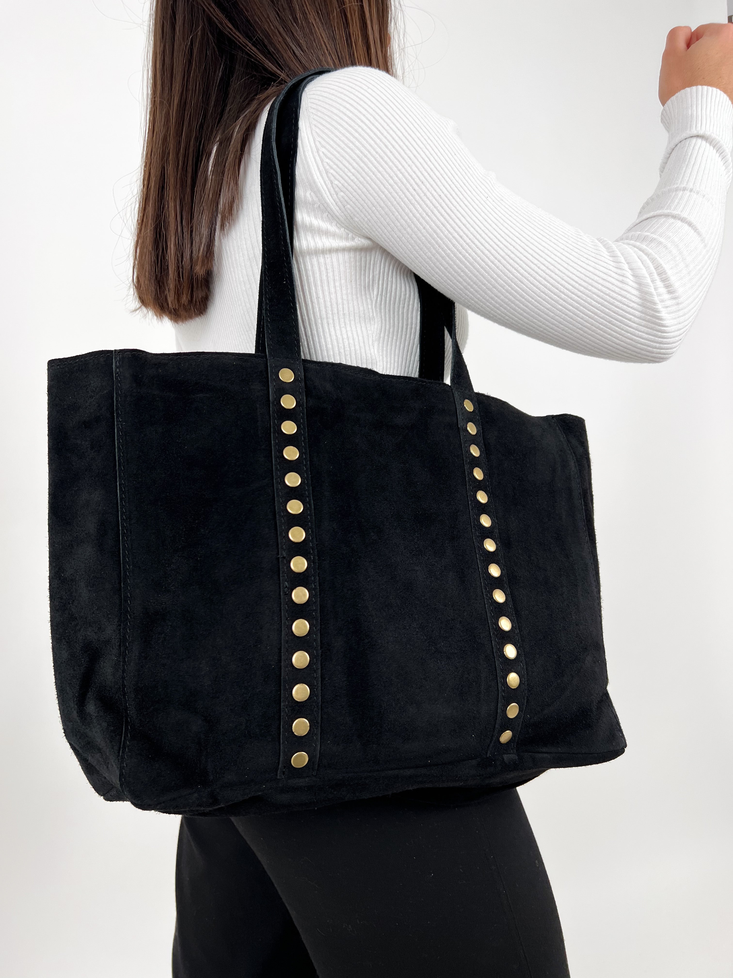 Black maxi studded handbag