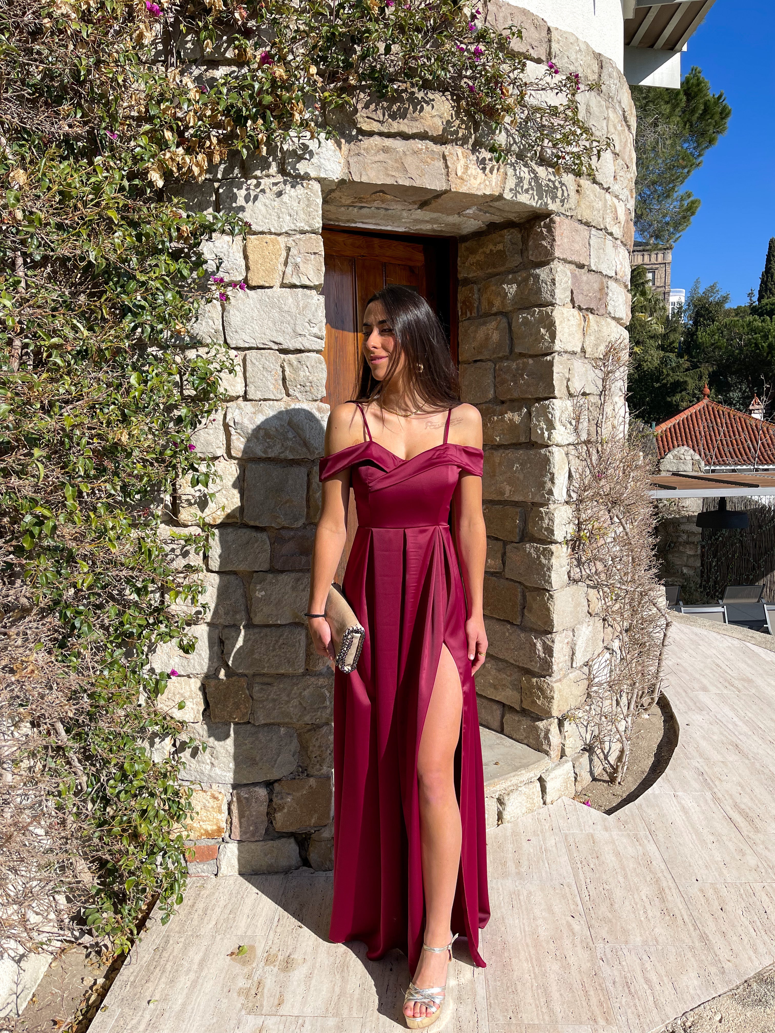 Burgundy satin boat dress