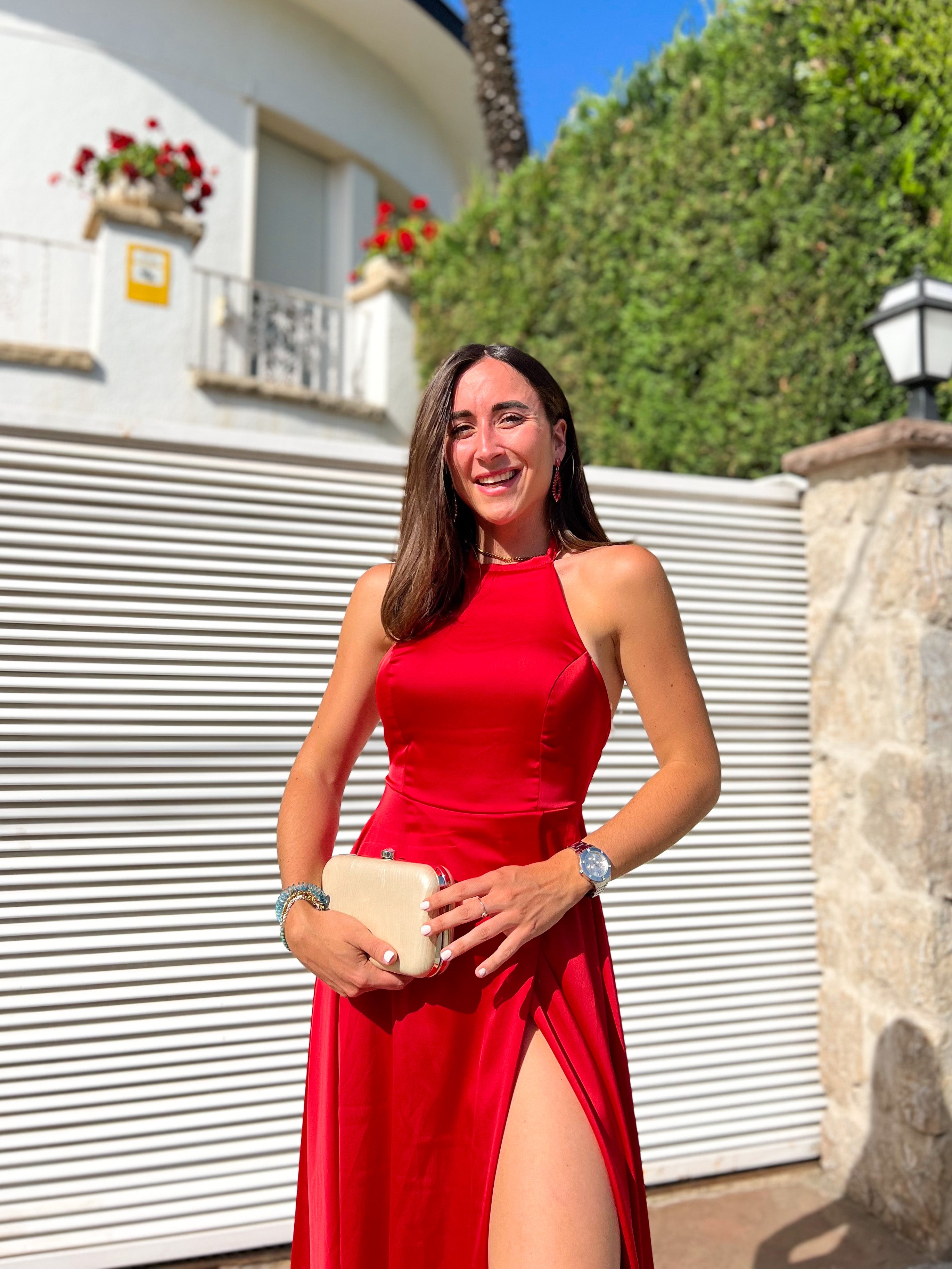 Red satin halter dress