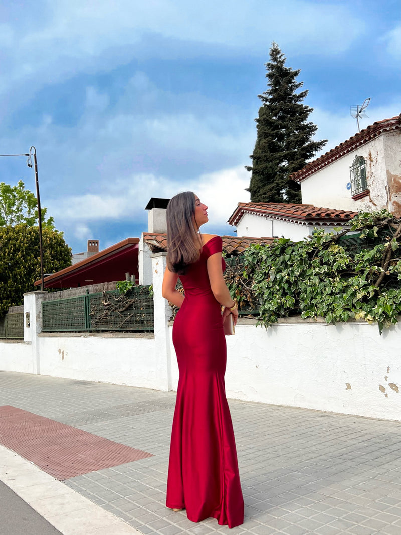 Asymmetrical burgundy boat dress