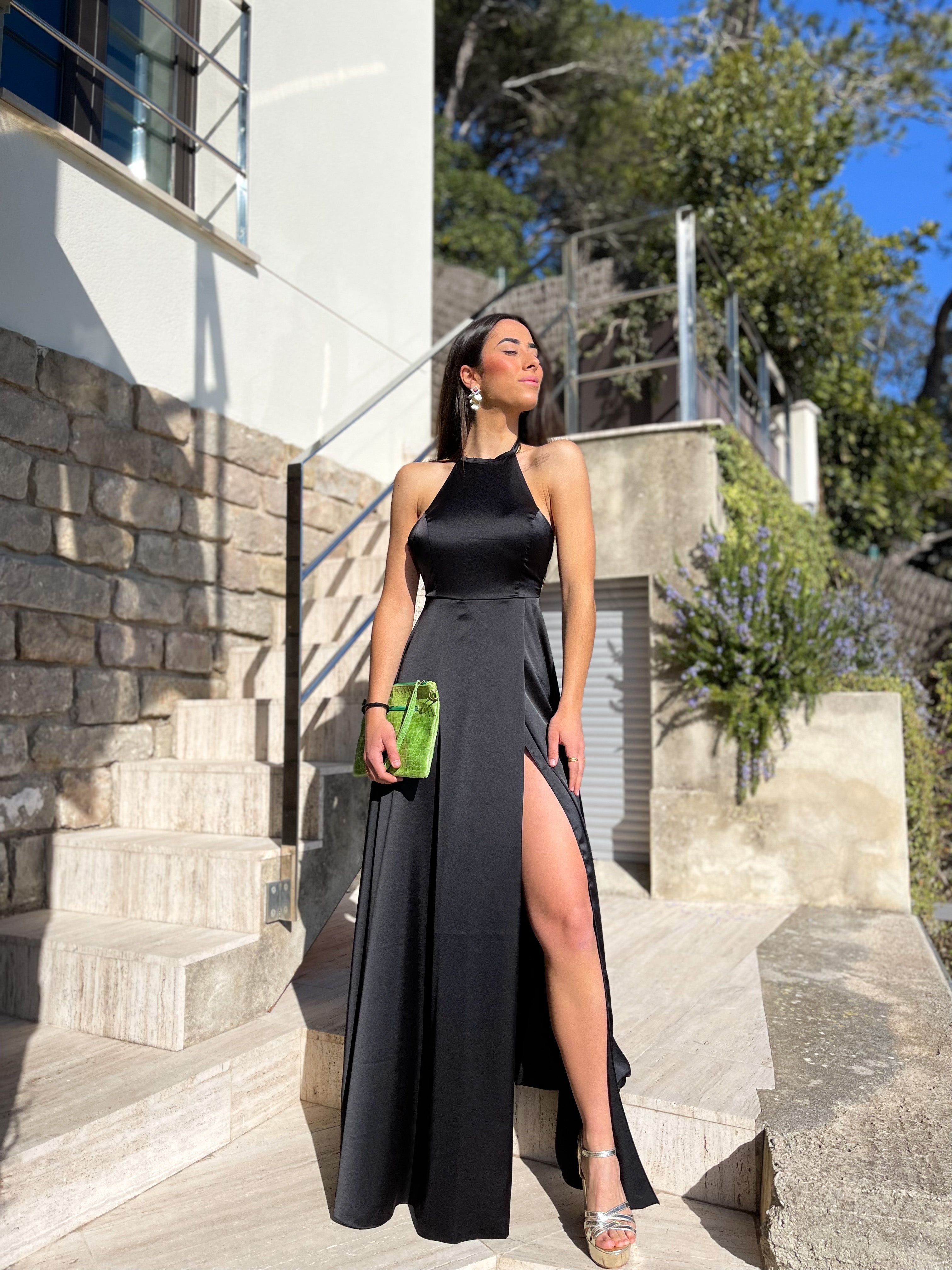 Black satin halter dress