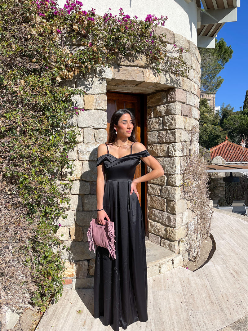 Black satin boat dress