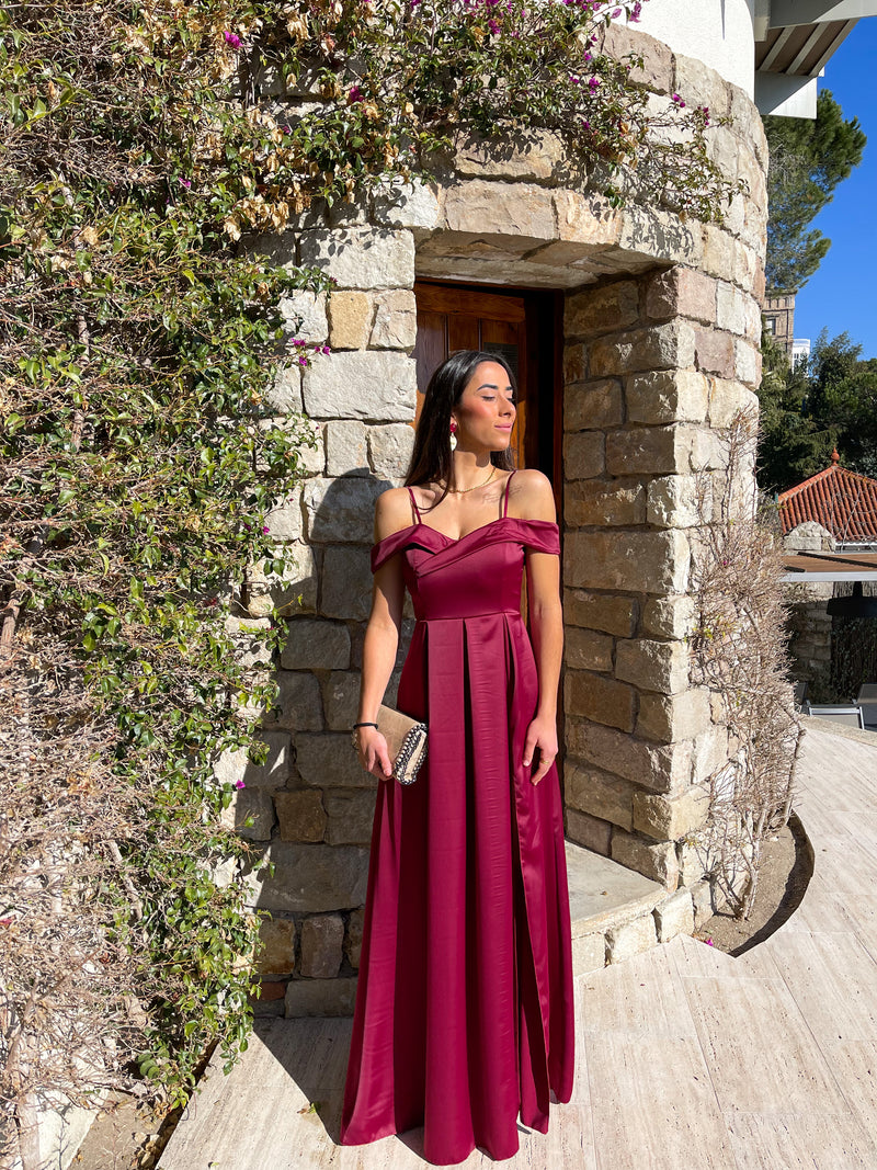 Burgundy satin boat dress