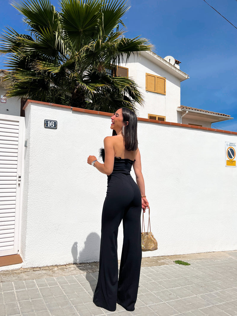 Long black feather jumpsuit