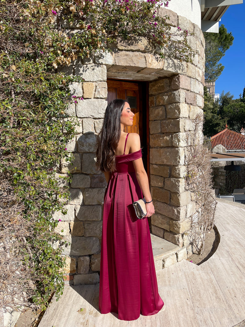 Burgundy satin boat dress