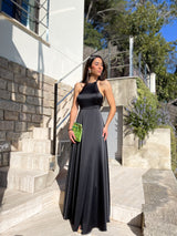 Black satin halter dress