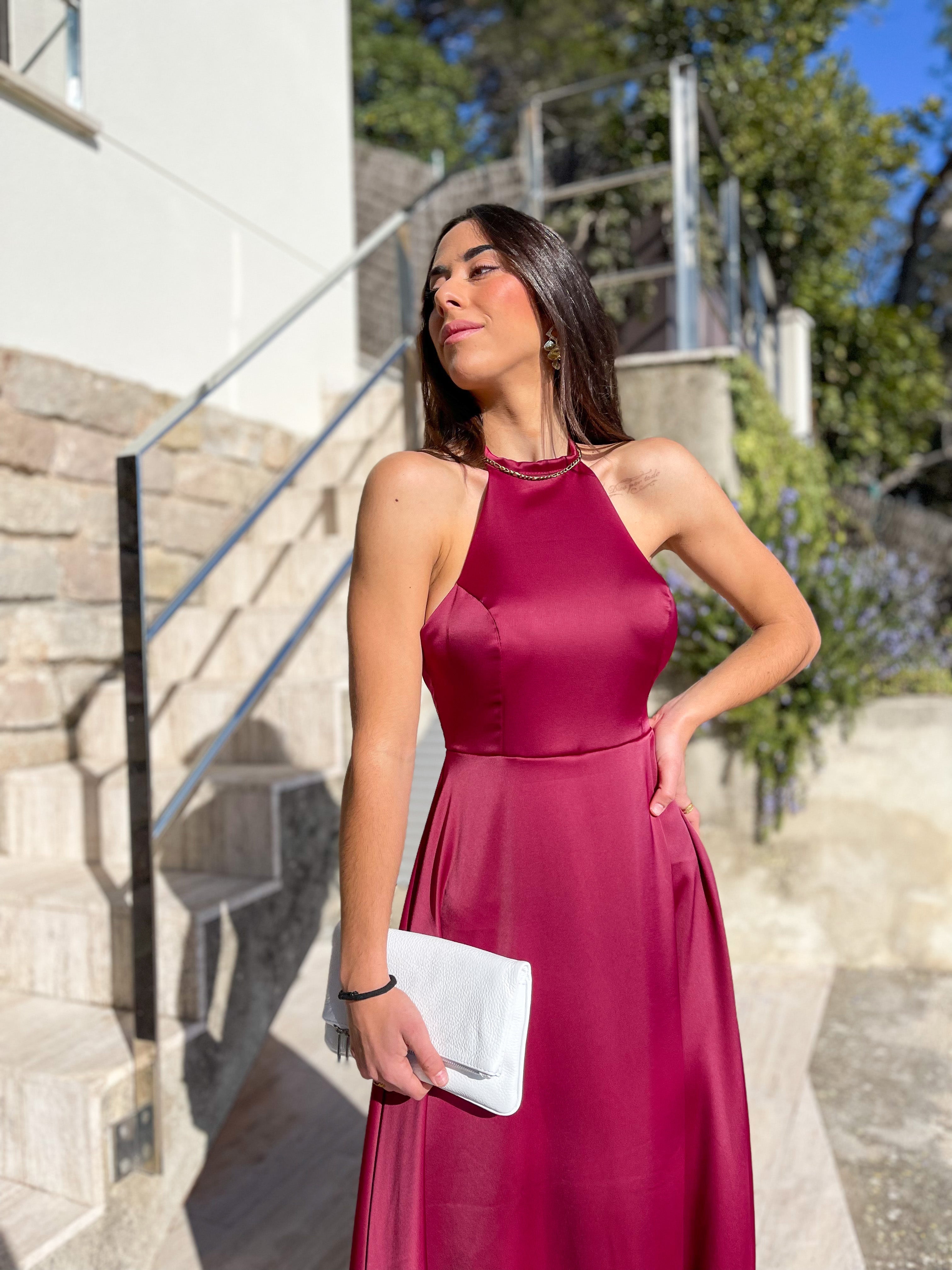 Burgundy satin halter dress