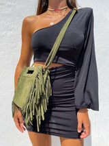 Khaki fringed leather bag