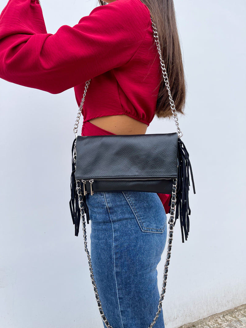 Black leather bag with fringed chains