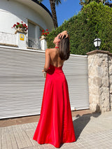 Red satin halter dress