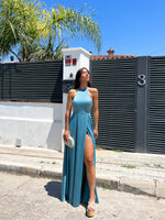 Sage satin halter dress