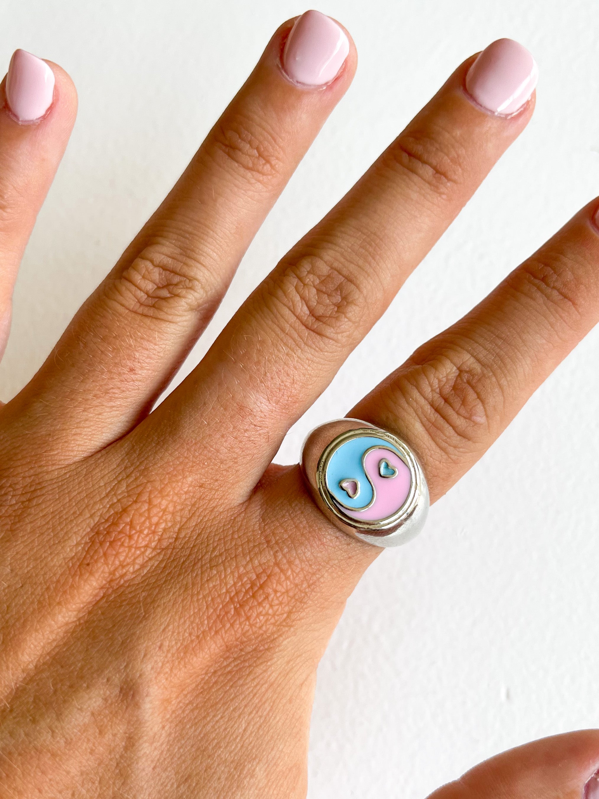 Silver plated blue hearts ring