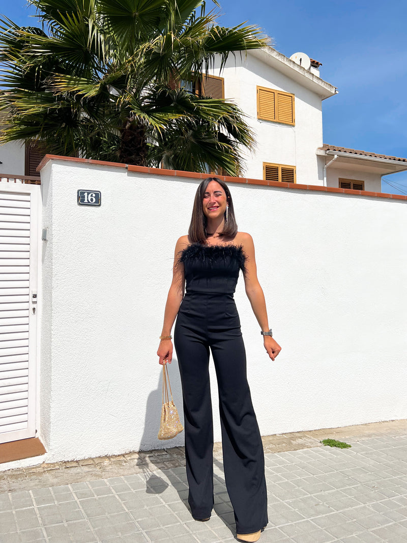 Long black feather jumpsuit