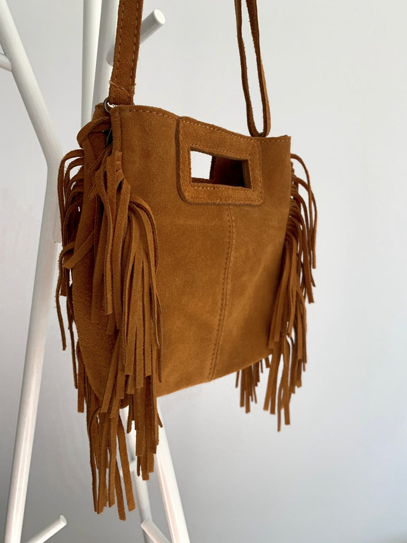 Camel fringed leather bag