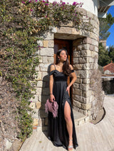 Black satin boat dress