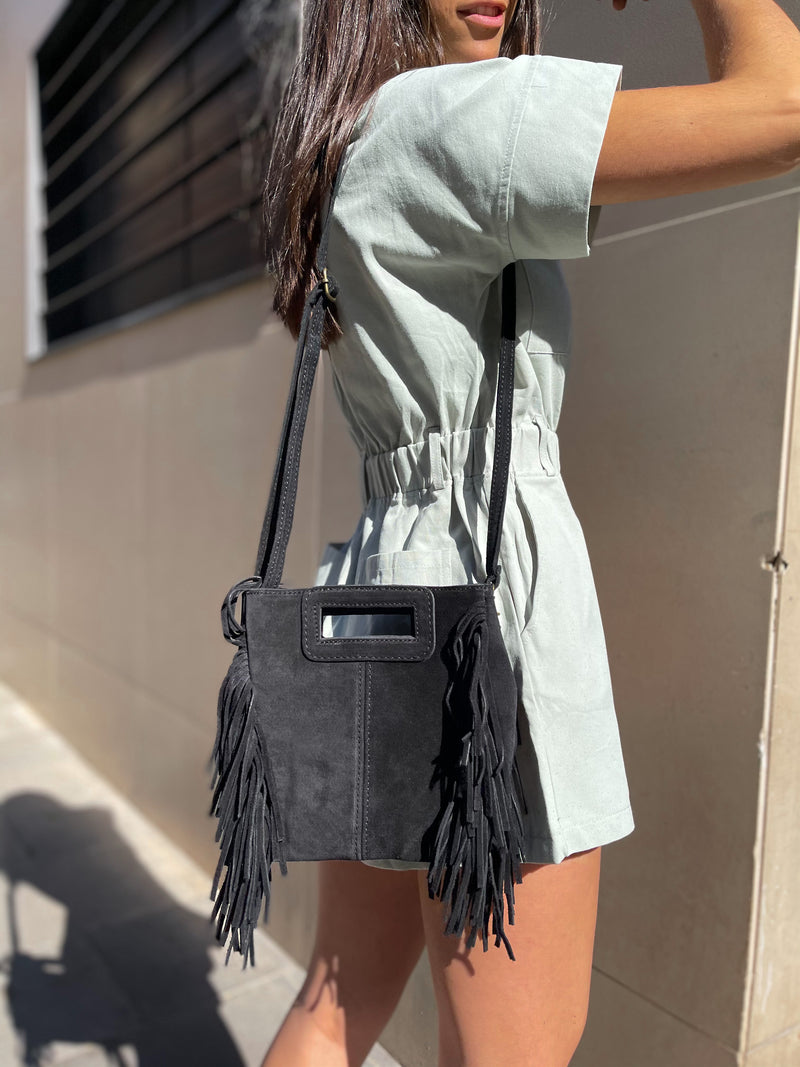 Black fringed leather bag