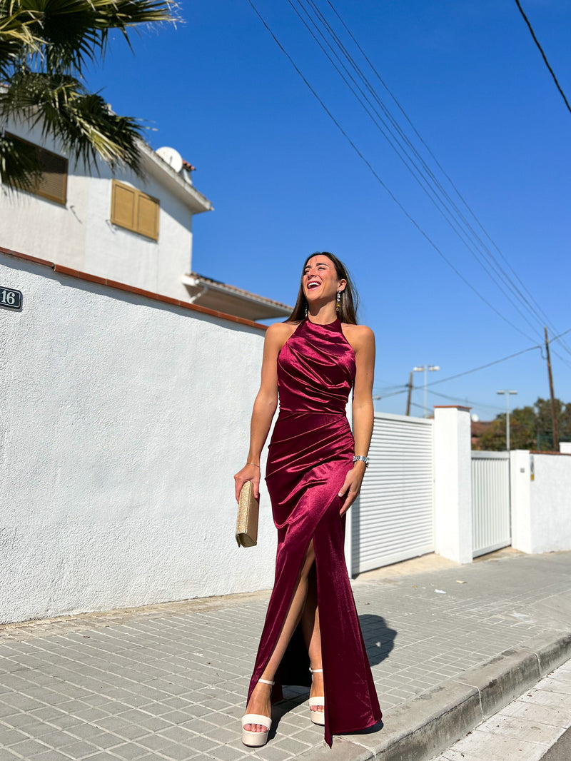 Long burgundy draped halter dress