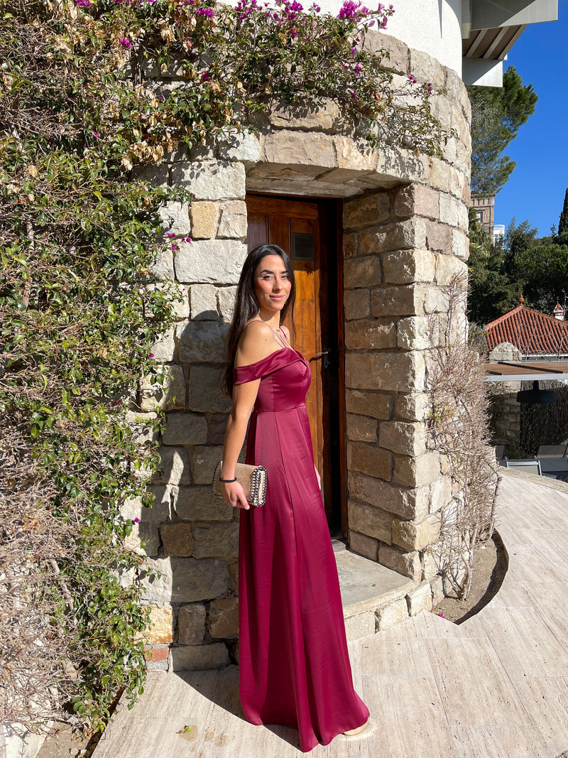 Burgundy satin boat dress