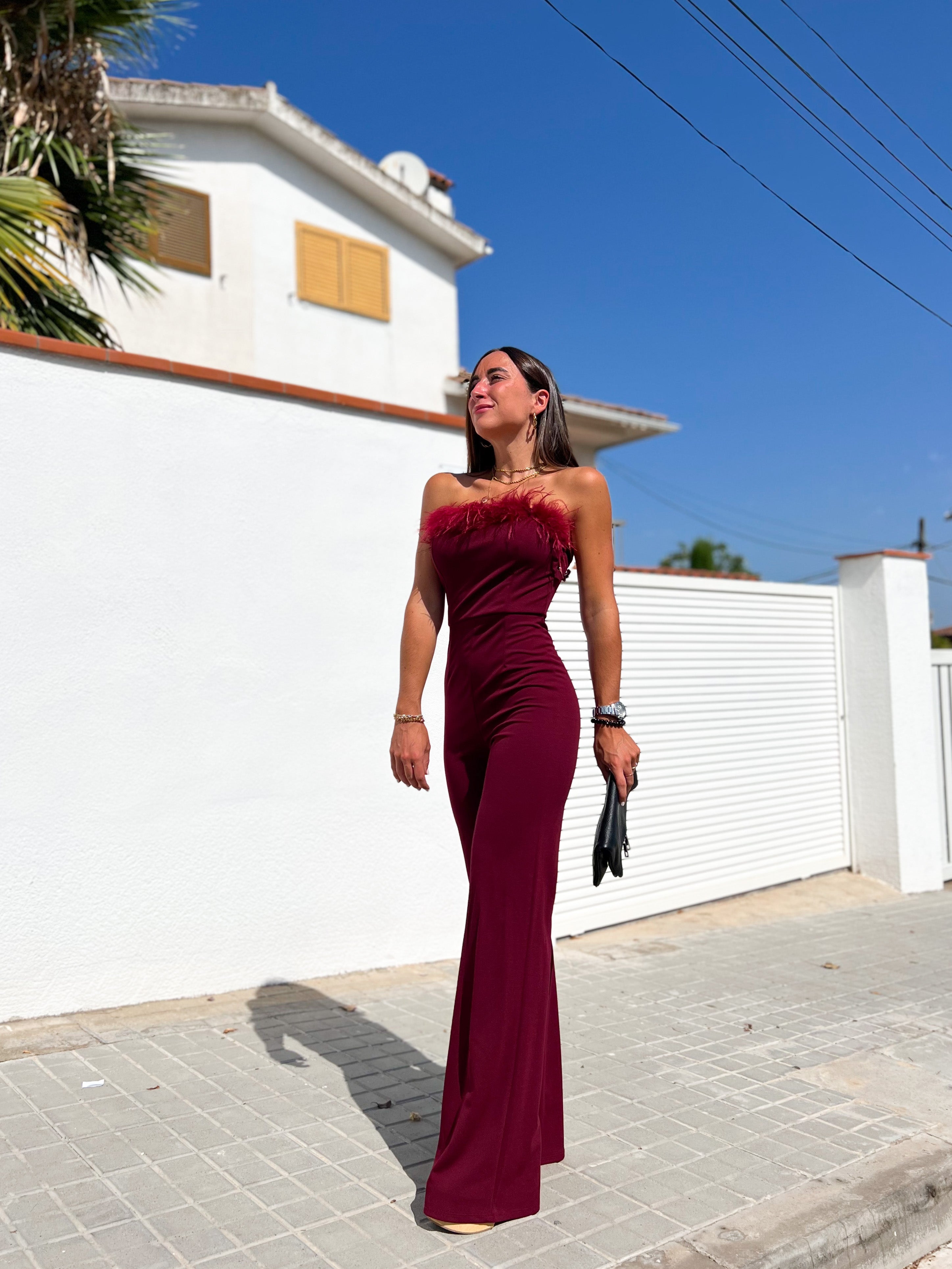 Burgundy feather jumpsuit