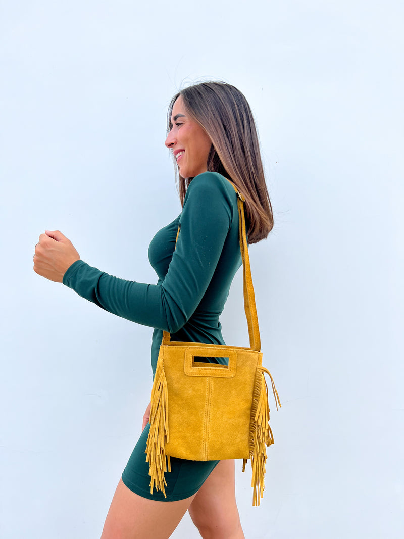 Yellow fringed leather bag