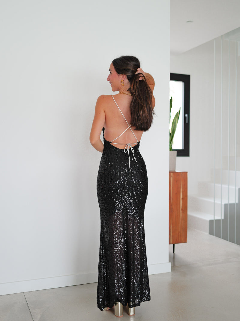 Robe longue pailletée noire à col en V