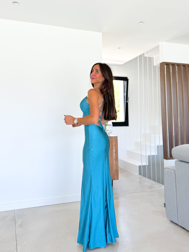 Robe à col V en satin entrelacé turquoise