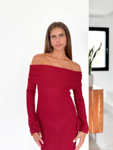 Robe longue bardot lurex rouge