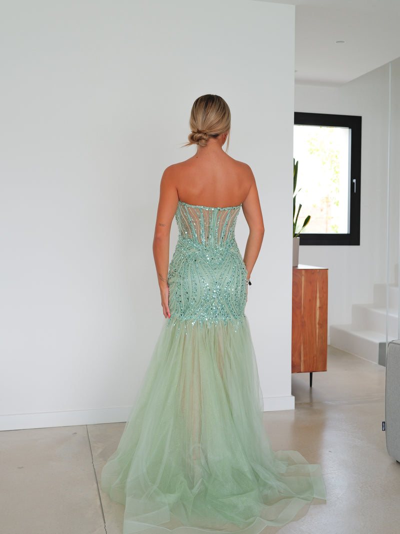 Robe bodycon sirène avec strass menthe