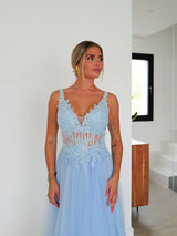 Robe corset à col en V en tulle bleu clair