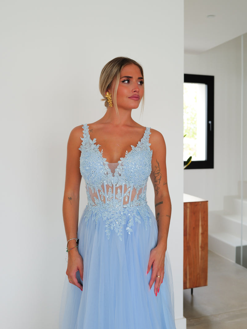 Robe corset à col en V en tulle bleu clair