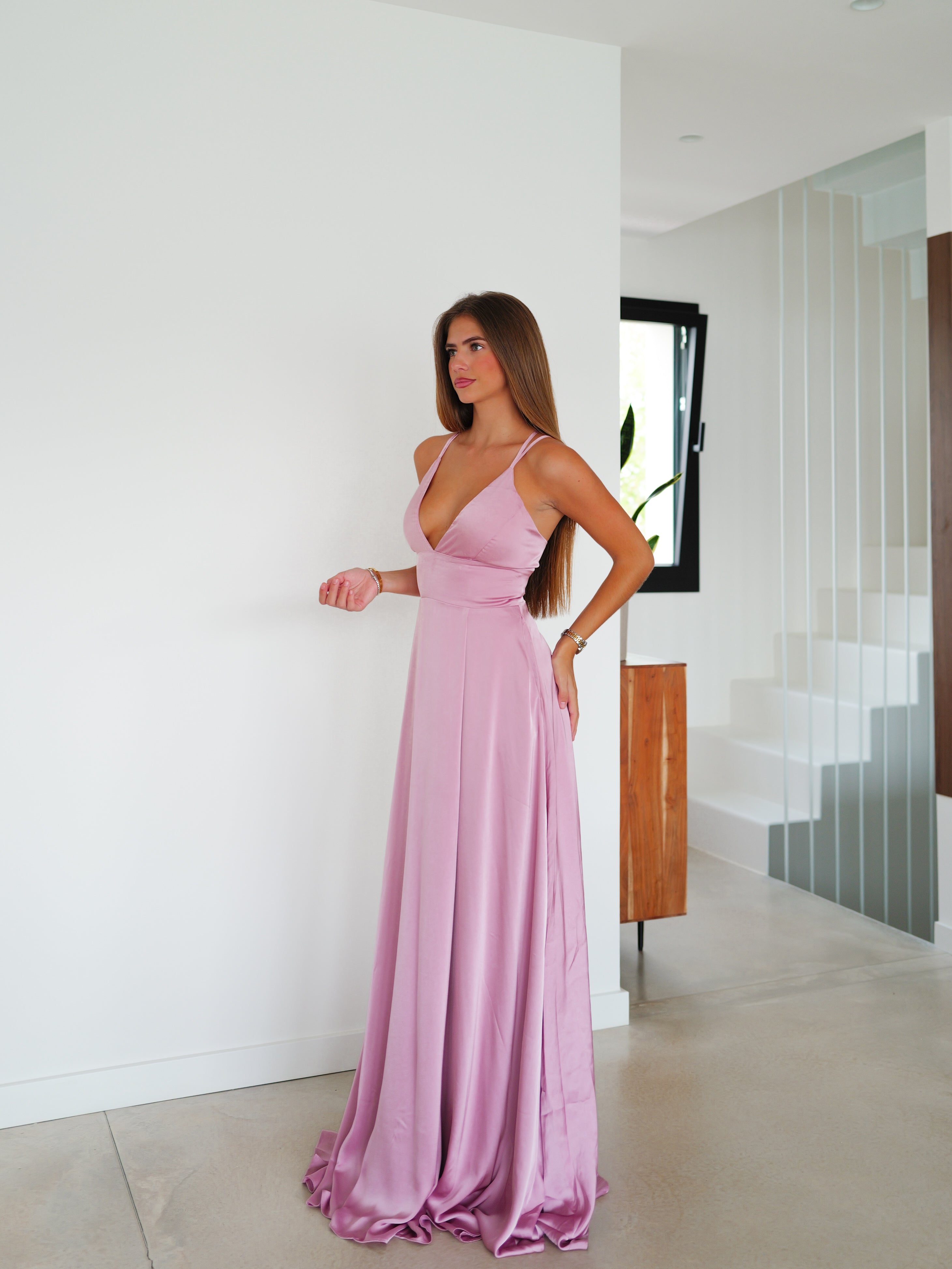 Robe en satin entrelacé rose