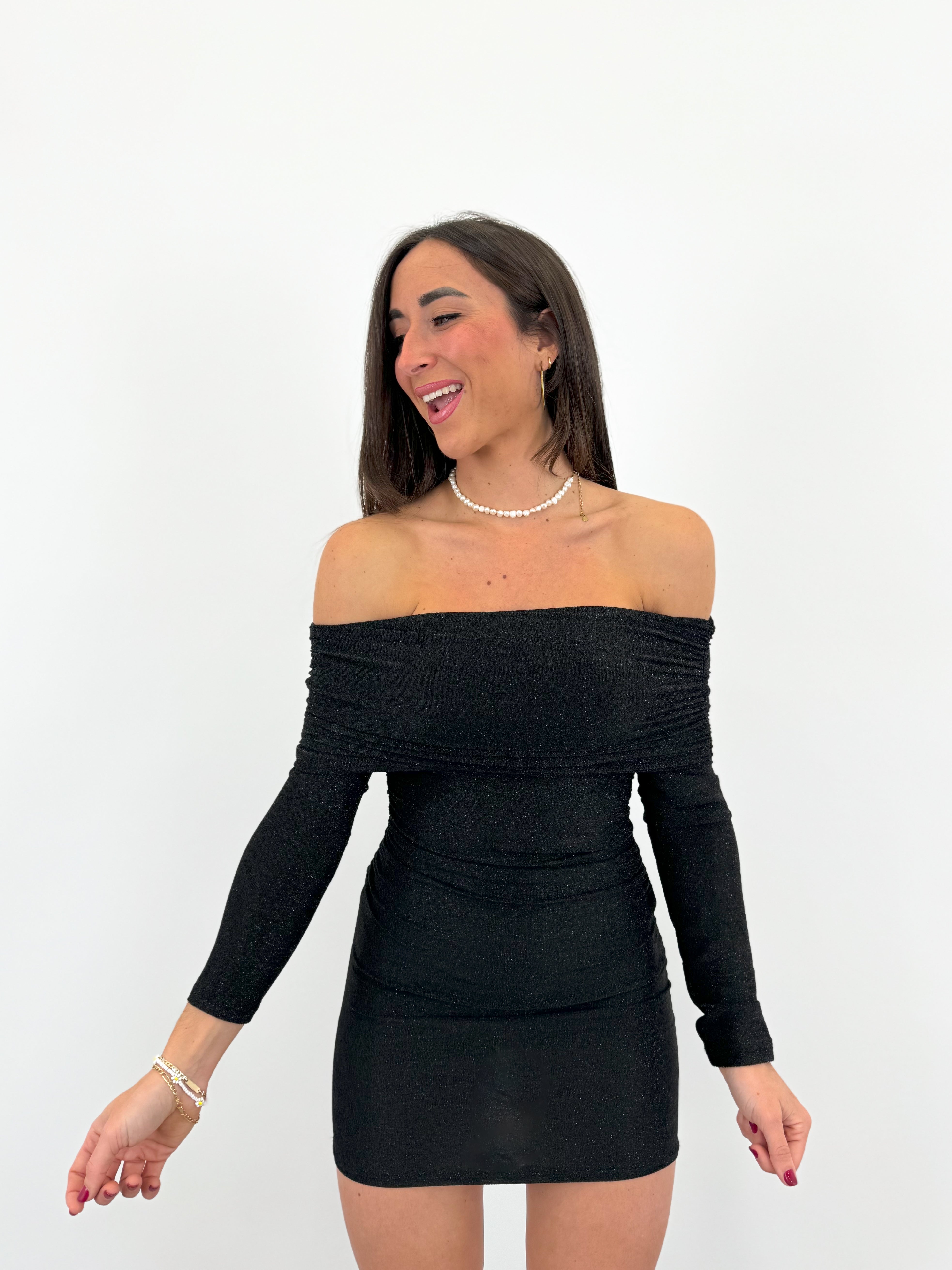 Robe bardot noire en lurex