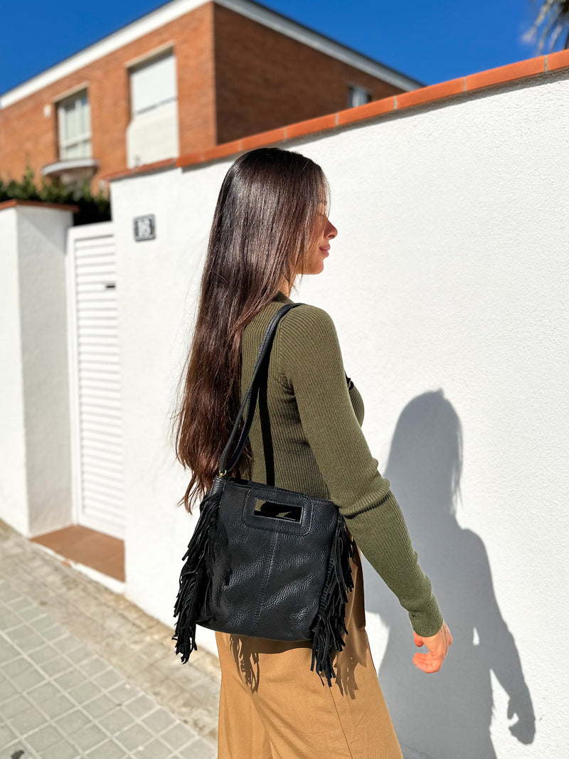 Sac en cuir lisse avec franges noir