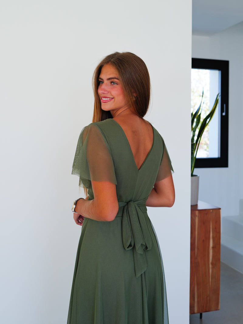 Robe en tulle à manches olive