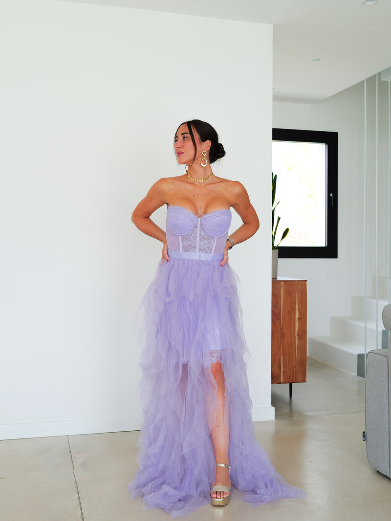 Robe à corset dentelle volants lilas