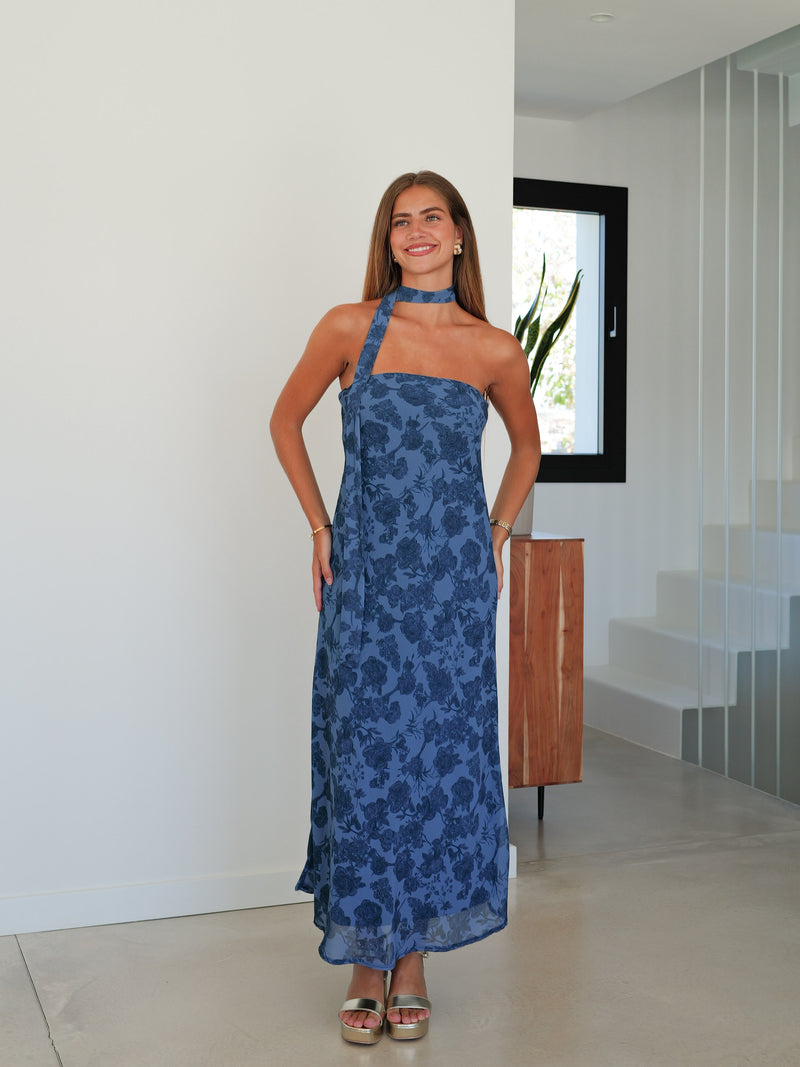 Robe à mot tour de cou imprimé bleu